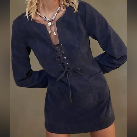 #35 NWT Free People Bradley Faux Suede Mini Dress in Deeper Iris - Picture 2 of 6